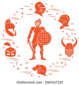 Knight with shield, sword and different helmets. Design element for postcard, banner or print.