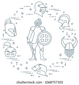 Knight with shield, sword and different helmets. Design element for postcard, banner or print.
