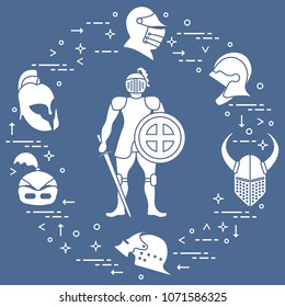 Knight with shield, sword and different helmets. Design element for postcard, banner or print.