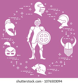 Knight with shield, sword and different helmets. Design element for postcard, banner or print.