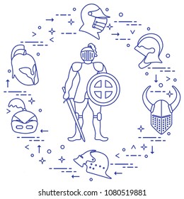 Knight with shield, sword and different helmets. Design element for postcard, banner or print.