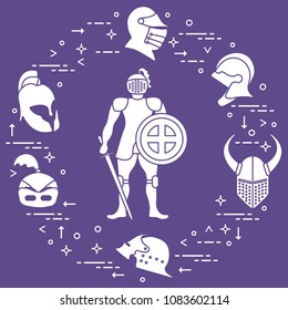 Knight with shield, sword and different helmets. Design element for postcard, banner or print.