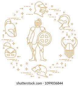 Knight with shield, sword and different helmets. Design element for postcard, banner or print.