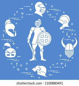 Knight with shield, sword and different helmets. Design element for postcard, banner or print.