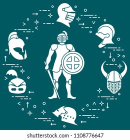 Knight with shield, sword and different helmets. Design element for postcard, banner or print.