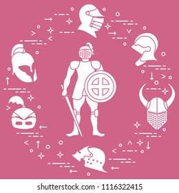 Knight with shield, sword and different helmets. Design element for postcard, banner or print.