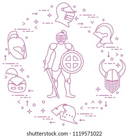 Knight with shield, sword and different helmets. Design element for postcard, banner or print.