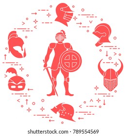 Knight with shield, sword and different helmets. Design element for postcard, banner or print.
