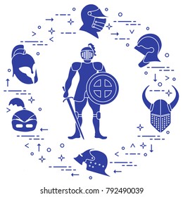 Knight with shield, sword and different helmets. Design element for postcard, banner or print.