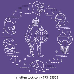 Knight with shield, sword and different helmets. Design element for postcard, banner or print.