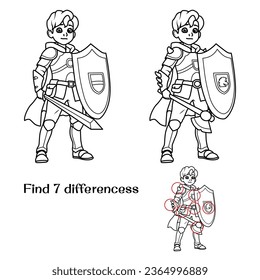 Knight with shield and sword. Find 7 differences. Tasks for children. vector illustration