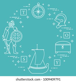 Knight, shield, sword, helmets, treasure chest, compass, ship, cubes. Design element for postcard, banner or print.