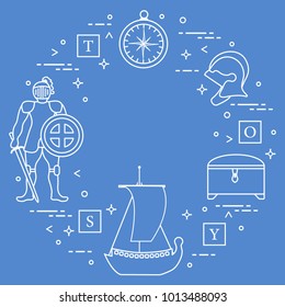 Knight, shield, sword, helmets, treasure chest, compass, ship, cubes. Design element for postcard, banner or print.