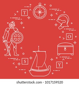 Knight, shield, sword, helmets, treasure chest, compass, ship, cubes. Design element for postcard, banner or print.