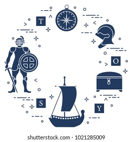Knight, shield, sword, helmets, treasure chest, compass, ship, cubes. Design element for postcard, banner or print.