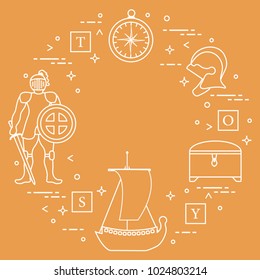 Knight, shield, sword, helmets, treasure chest, compass, ship, cubes. Design element for postcard, banner or print.