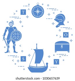 Knight, shield, sword, helmets, treasure chest, compass, ship, cubes. Design element for postcard, banner or print.