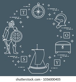 Knight, shield, sword, helmets, treasure chest, compass, ship, cubes. Design element for postcard, banner or print.