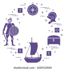 Knight, shield, sword, helmets, treasure chest, compass, ship, cubes. Design element for postcard, banner or print.