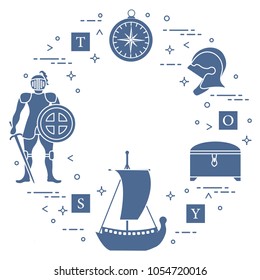 Knight, shield, sword, helmets, treasure chest, compass, ship, cubes. Design element for postcard, banner or print.