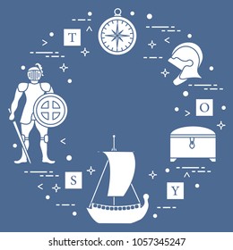 Knight, shield, sword, helmets, treasure chest, compass, ship, cubes. Design element for postcard, banner or print.