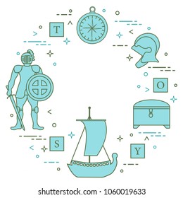 Knight, shield, sword, helmets, treasure chest, compass, ship, cubes. Design element for postcard, banner or print.