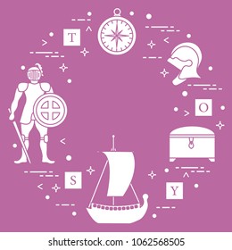 Knight, shield, sword, helmets, treasure chest, compass, ship, cubes. Design element for postcard, banner or print.