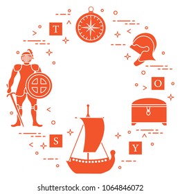 Knight, shield, sword, helmets, treasure chest, compass, ship, cubes. Design element for postcard, banner or print.