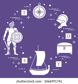 Knight, shield, sword, helmets, treasure chest, compass, ship, cubes. Design element for postcard, banner or print.