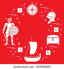 Knight, shield, sword, helmets, treasure chest, compass, ship, cubes. Design element for postcard, banner or print.