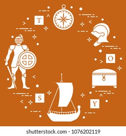 Knight, shield, sword, helmets, treasure chest, compass, ship, cubes. Design element for postcard, banner or print.