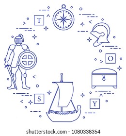 Knight, shield, sword, helmets, treasure chest, compass, ship, cubes. Design element for postcard, banner or print.