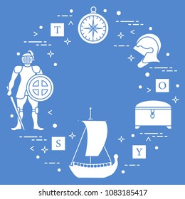 Knight, shield, sword, helmets, treasure chest, compass, ship, cubes. Design element for postcard, banner or print.