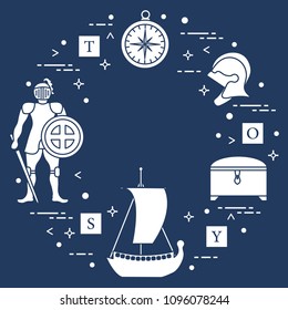 Knight, shield, sword, helmets, treasure chest, compass, ship, cubes. Design element for postcard, banner or print.