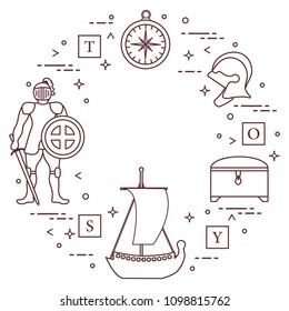 Knight, shield, sword, helmets, treasure chest, compass, ship, cubes. Design element for postcard, banner or print.