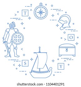 Knight, shield, sword, helmets, treasure chest, compass, ship, cubes. Design element for postcard, banner or print.
