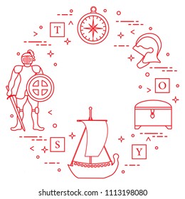 Knight, shield, sword, helmets, treasure chest, compass, ship, cubes. Design element for postcard, banner or print.