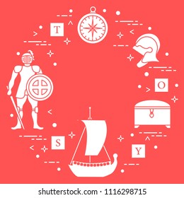 Knight, shield, sword, helmets, treasure chest, compass, ship, cubes. Design element for postcard, banner or print.