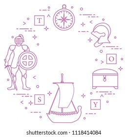Knight, shield, sword, helmets, treasure chest, compass, ship, cubes. Design element for postcard, banner or print.
