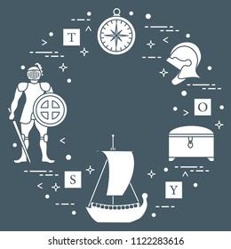 Knight, shield, sword, helmets, treasure chest, compass, ship, cubes. Design element for postcard, banner or print.