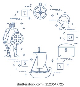 Knight, shield, sword, helmets, treasure chest, compass, ship, cubes. Design element for postcard, banner or print.