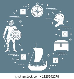 Knight, shield, sword, helmets, treasure chest, compass, ship, cubes. Design element for postcard, banner or print.