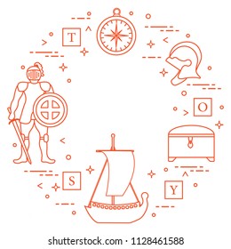 Knight, shield, sword, helmets, treasure chest, compass, ship, cubes. Design element for postcard, banner or print.