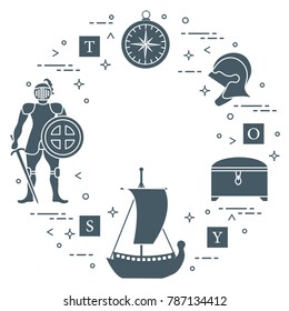 Knight, shield, sword, helmets, treasure chest, compass, ship, cubes. Design element for postcard, banner or print.