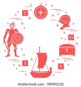 Knight, shield, sword, helmets, treasure chest, compass, ship, cubes. Design element for postcard, banner or print.