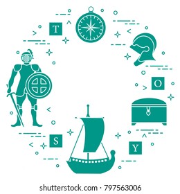Knight, shield, sword, helmets, treasure chest, compass, ship, cubes. Design element for postcard, banner or print.
