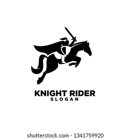 Knight with shield and sword with negative space style on a horse logo icon designs symbol template illustration