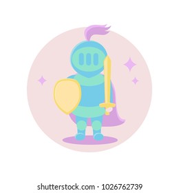 Knight with shield and sword. Vector illustration. Fairy-tale subjects and characters. Objects on a colored circle. Design for pictures, icons, postcards, covers, flat and cartoon style.