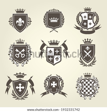 Knight shields and royal coat of arms set