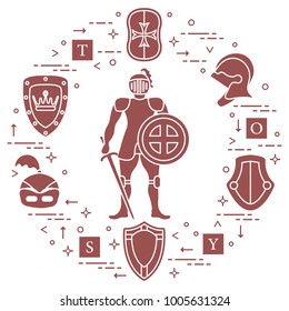 Knight, shields, swords, helmets, cubes. Design element for postcard, banner or print. 